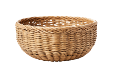 A brown wicker basket with a round shape and a large opening. It is empty and sitting on a white background.