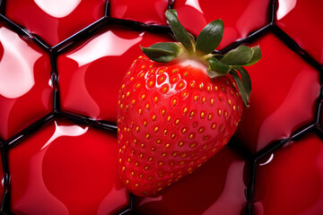 Close-up of red strawberry on vibrant red tile, glistening with morning dew, Vibrant color contrasts beautifully with rich hue