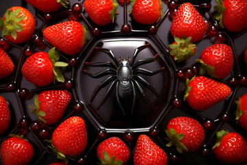 Close-up of spooky black plastic spider on plate of red strawberry, playful halloween concept