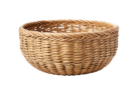 A brown wicker basket with a round shape and a large opening. It is empty and sitting on a white background.
