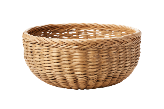 A brown wicker basket with a round shape and a large opening. It is empty and sitting on a white background.