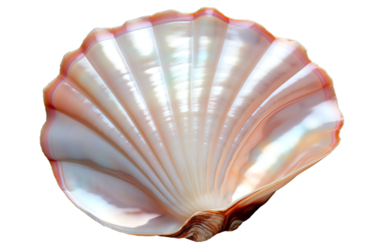 The image shows a beautiful seashell with a pearlescent sheen. The shell is open, revealing its delicate interior. The shell is a symbol of beauty, nature, and tranquility.