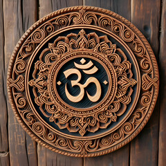 Fototapeta premium Tranquil Touch: Enrich Your Spiritual Sanctuary with the Om Symbol, Gracefully Etched onto a Wooden Plaque