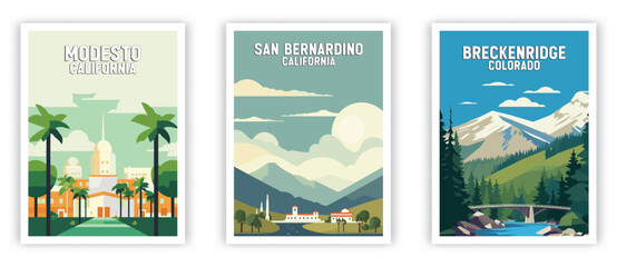 Modesto, San Bernardino, Breckenridge Illustration Art. Travel Poster Wall Art. Minimalist Vector art