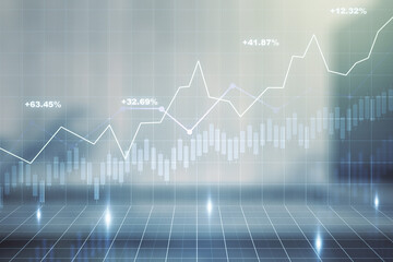 Double exposure of abstract creative financial chart hologram on modern business center exterior background, research and strategy concept