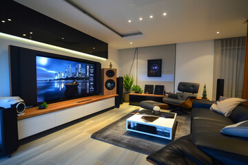 Ultra-modern minimalist living room with a sophisticated tech setup, integrated seamlessly into the decor.