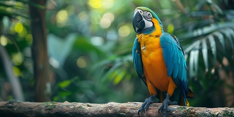 Blue and yellow macaw parrot sitting on a branch in the jungle