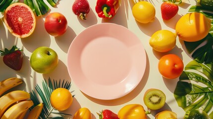 An assortment of fresh, vibrant fruits and vegetables surrounding an empty plate on a dark surface, portraying healthy eating and nutrition