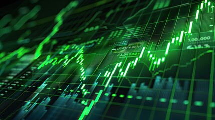Glowing green stock market chart with upward trend on digital screen