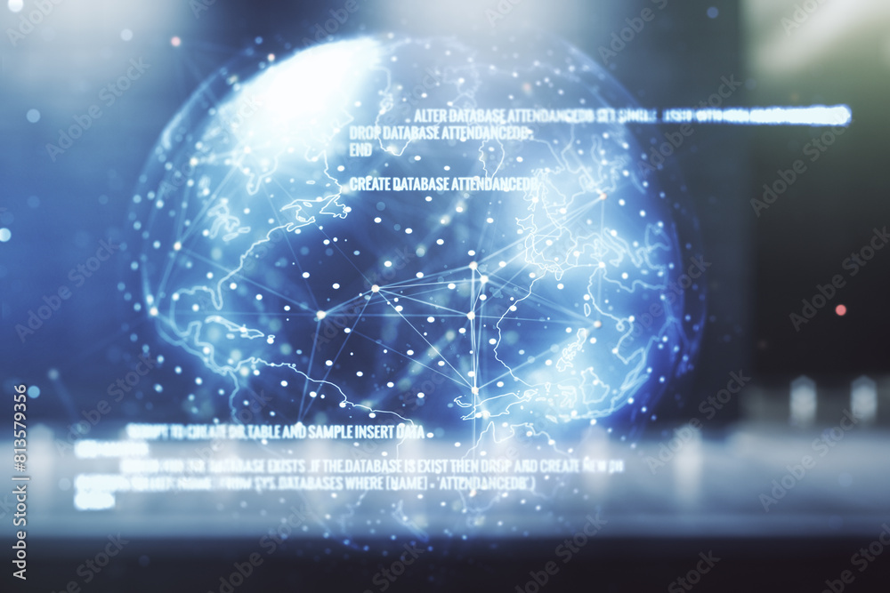 Aufkleber double exposure of abstract programming language hologram and world map on modern business center ex