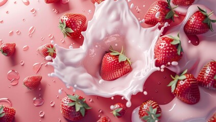 Beautiful background with strawberries and a milk splash