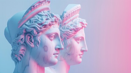 Contemporary colored lighting on classical sculpture head, blending ancient art with modern aesthetics