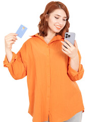 Mobile shopping concept, cheerful caucasian red bob hair 20s woman holding smartphone and credit card for mobile shopping concept. Internet banking making pay payment. Isolated transparent png image.
