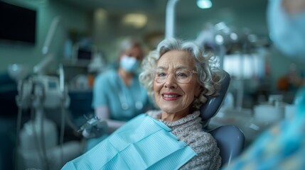 Elderly Woman Smiling During Dental Checkup With Female Dentist in Modern Clinic