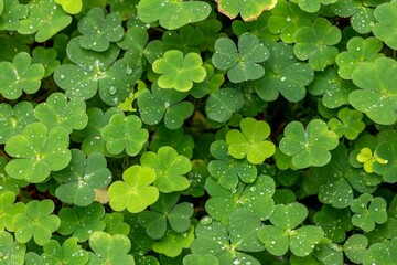 Closeup shot of a bunch of green clovers covered in dew