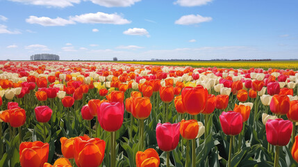Champs de tulipes colorées. Paysage, ciel bleu et nuageux. Amsterdam, Pays-Bas. Fleurs, nature, plante. Pour conception et création graphique. 