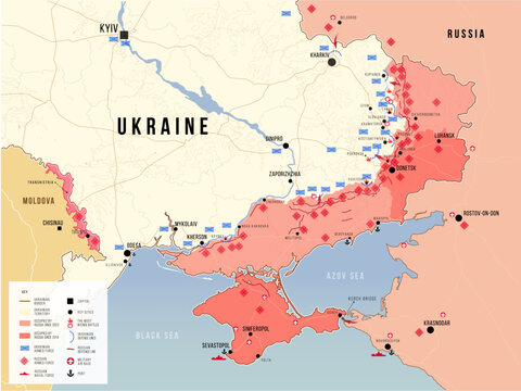 Frontline in Ukraine. Detailed situation between Ukrainian and Russian armed forces with key cities and direction. Vector illustration map. Geopolitical set concept.
