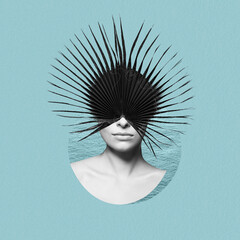 Fine-art, states of mind concept. Abstract and surreal woman illustration collage. Grunge and grain effect. Big palm tree leaf over model eyes and ocean pattern circle behind model