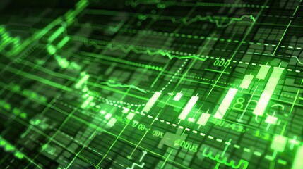 Glowing green stock market chart with upward trend on digital screen