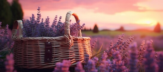 A basket full of lavender flowers sits in a field of purple flowers
