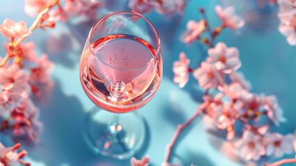 Glass of sparkling rosé wine set against cherry blossoms, reflecting a serene spring mood.
