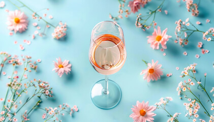 A delicate rosé wine in a glass surrounded by vibrant spring flowers on a soft blue background.
