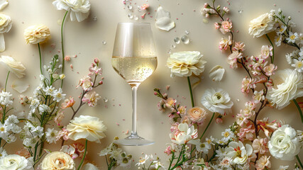 A tall glass of sparkling wine amidst a backdrop of delicate white and pale yellow flowers, showcasing elegance.
