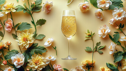 Elegant champagne glass filled with sparkling wine, nestled among a beautifully arranged backdrop of blossoming flowers.
