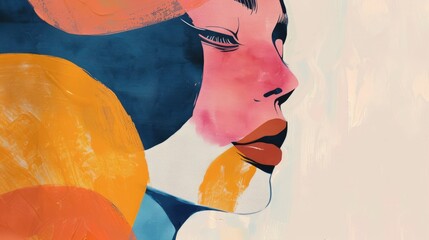 Abstract aesthetic vibrant colourful hand drawn woman face with acrylic brush strokes, background with geometric shapes, textured boho wallpaper, art print, poster, creative banner