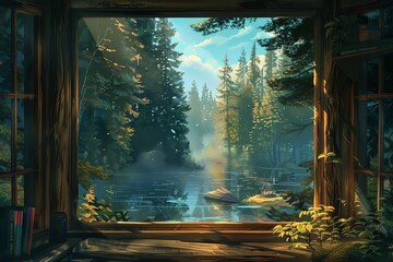 Fantasy landscape with a lake in the forest and a wooden window