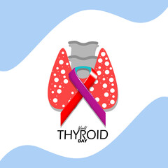 World Thyroid Day event banner. Illustration of the windpipe and thyroid with a three-color campaign ribbon on a white background to commemorate on May 25th