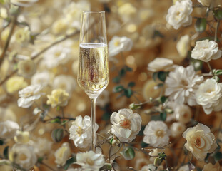 Elegant glass of sparkling wine with a backdrop of soft shadows and delicate white flowers, perfect for sophisticated occasions.