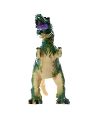 Vibrant toy replica of a tyrannosaurus rex, isolated on a transparent background.