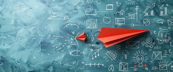 A blue background with a red paper airplane drawn on it