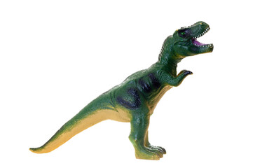 Vibrant toy replica of a tyrannosaurus rex, isolated on a transparent background.
