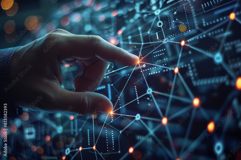 Leinwandbilder Marketing automation and digital advertising are illustrated by a businessman touching a network connection on an online marketing system. Generative AI.