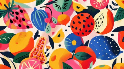 A creative art piece showcasing colorful fruit including watermelon Citrullus on a vibrant blue background. The artwork features a pattern of circles and vibrant colors AIG50