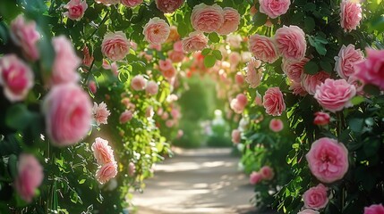 Crowns of pink and white roses arch over the garden, creating a charming tunnel effect. The lush...