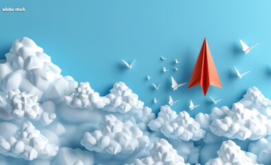 A red paper airplane flying through a sky full of white clouds