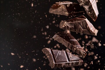 A close up of chocolate pieces in the air. Advertising shot on black background with copy space. - Powered by Adobe