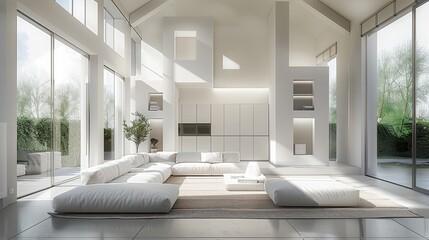 Naklejka premium Minimalist living room, bright sunlight, white wall decoration. Generative AI.