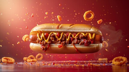 An epic photo of a gourmet hotdog launching from a paper liner, with mustard trails and onion rings levitating, against a ruby red background