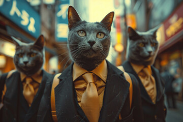 Three cats in business suits go to work against the backdrop of a blurred city. Concept of doing business, work. Generated by artificial intelligence