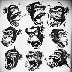 Set of Nine Expressive Chimpanzee Faces, Black and White