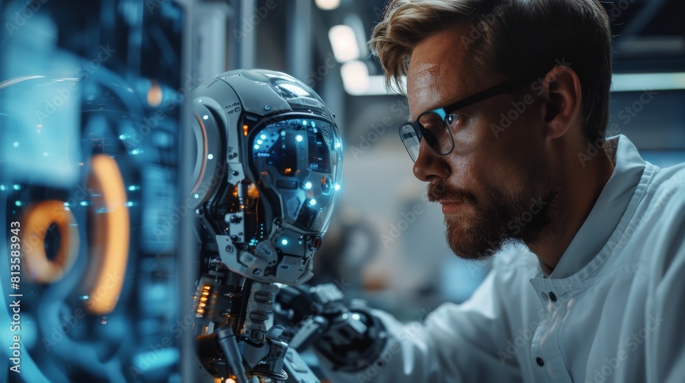 Aufkleber Handsome engineer working on his robot design. and it is turned off. The engineer changes some settings on the hologram screen. Generative AI.
