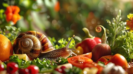 A snail amidst a colorful, fresh assortment of vegetables under a sunlit garden setting, showcasing a sense of growth and vitality