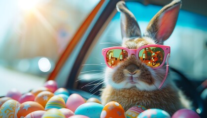 Cute bunny with colorful easter eggs in car. Happy Easter