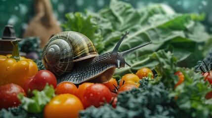 A snail amidst a colorful, fresh assortment of vegetables under a sunlit garden setting, showcasing a sense of growth and vitality