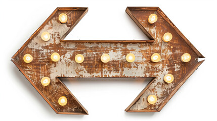 Party element wood lights, arrow shape sign. Isolated on white background