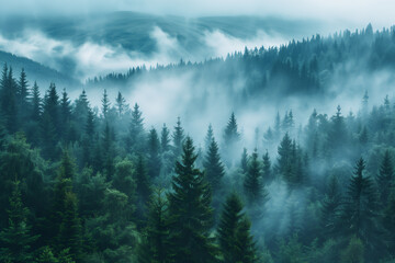 Misty landscape with fir forest